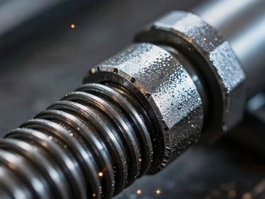 Macro close-up of thick-gauge steel threads on an adjustable shoring jack, high-contrast industrial lighting with metallic glints, sharp focus on the adjustment collar, 35mm.