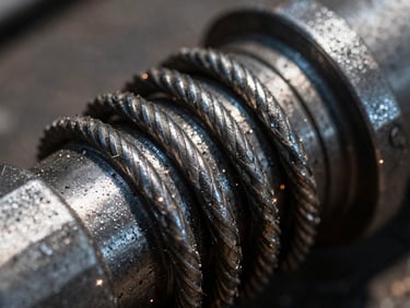 Macro close-up of thick-gauge steel threads on an industrial shoring jack, metallic texture, dramatic shadows, sharp focus, 35mm.