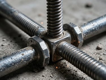 Macro close-up of heavy-duty steel shoring jack threads locked in place under extreme pressure, concrete dust, dramatic side lighting, 35mm