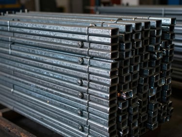 Close-up of drop-forged steel scaffolding couplers stacked neatly in a dark industrial warehouse, cool metallic tones, sharp focus, 35mm.