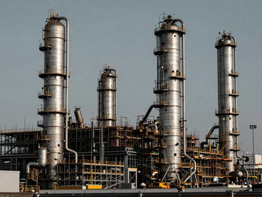 Wide shot of a massive industrial refinery construction site, dense scaffolding matrix surrounding concrete towers, cool metallic tones, high contrast, 35mm