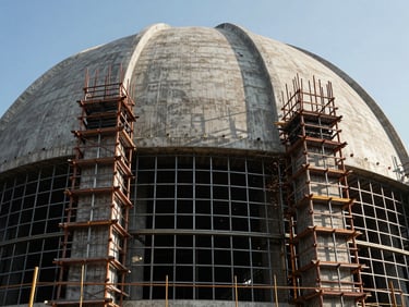 Low-angle view of a dramatic architectural concrete dome pour, custom shoring towers supporting complex formwork, warm sunlight filtering through steel grid, 35mm