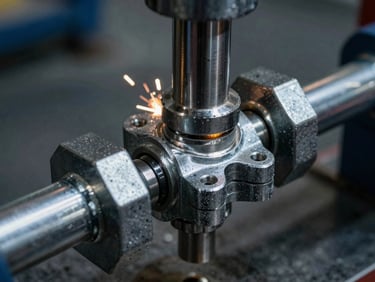 Macro close-up of a hydraulic press load-testing a steel scaffolding coupler, high-contrast industrial lighting, metallic textures, 35mm.