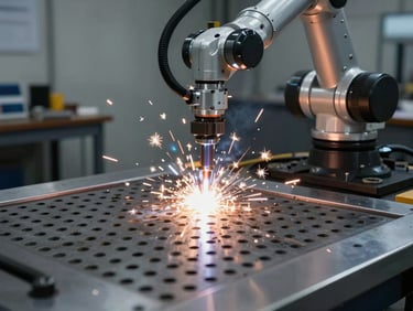 Precision 3D welding table with grid holes, robotic welding arm in background creating warm sparks, high-contrast lighting, sharp focus, 35mm.
