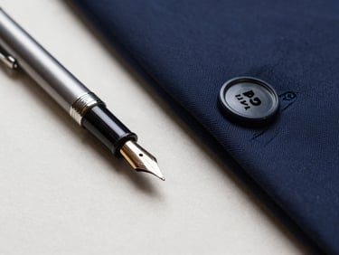 Macro close-up of a bespoke tailored suit sleeve and a fountain pen resting on heavy textured cotton paper, soft natural side light.