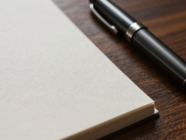Macro close-up of tactile premium materials, a heavy textured paper document next to a classic fountain pen on a dark wooden desk, soft directional side-lighting