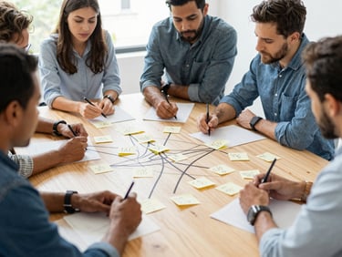 Candid shot of diverse community leaders collaborating around a wooden table covered in sticky notes and hand-drawn connection lines, bright morning light.