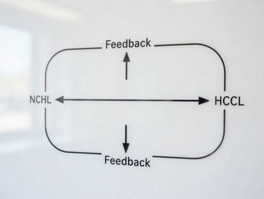 A crisp, high-contrast technical schematic diagram of a feedback loop on a whiteboard, showing clean vector-like lines and clear text labels, daylight.