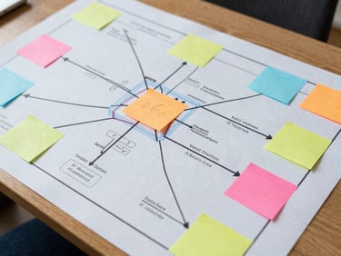 Overhead shot of a large printed system mapping canvas on a wooden table, with colorful sticky notes and hand-drawn connections in bright daylight
