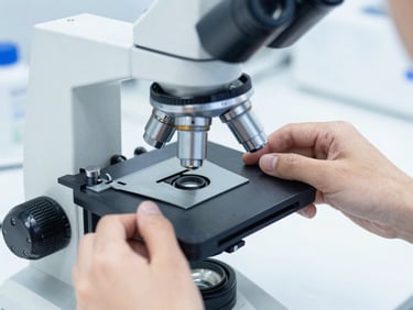 Close-up of hands adjusting a high-end microscope slide in a sterile, bright white laboratory with blue-grey slate accents, sharp focus, clinical photography.