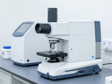 Clean bright clinical laboratory with modern diagnostic equipment, white high-key lighting, sterile blue and slate tones, sharp focus, 35mm lens