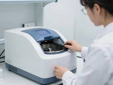 Medium shot of a student in a clean white lab coat calibrating a modern blue-accented centrifuge in a bright clinical laboratory, sterile white light, 35mm lens.