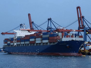 A massive container ship loaded with steel containers at a modern port terminal, cool blue-hour daylight, wide-angle lens