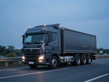 A modern heavy-duty truck driving on a clean highway during the cool blue hour, sharp industrial lighting, 35mm