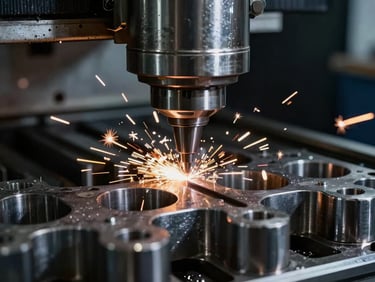 Close-up macro shot of a CNC machine cutting a complex metal component, sparks flying, cool metallic tones, dramatic industrial workshop lighting, sharp focus, 35mm lens.