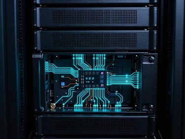 Cool technical photography of server rack circuits with glowing electric cyan lights, low-key server room lighting, deep slate tones, macro lens, sharp focus