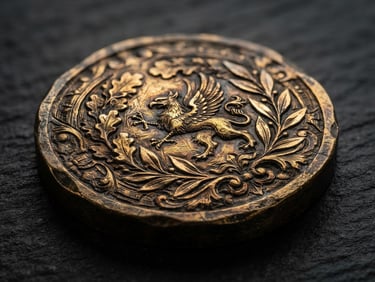 Macro photography of a heavy bronze medal with deep hand-polished engravings, dramatic side-lighting, dark slate background, shallow depth of field