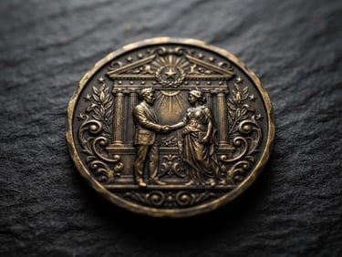 Macro product photography of a heavy bronze corporate medal with deep 3D engraving, resting on dark slate, dramatic side-lighting, metallic reflections, 85mm lens, shallow depth of field