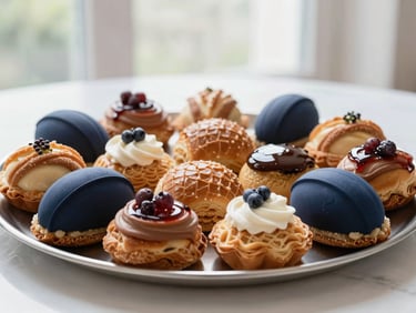 Elegant platter of assorted artisanal pastries and sweet bread, beautifully arranged, bright natural morning light, deep navy and rich brown tones, shallow depth of field, professional corporate catering.