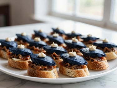 Stylized shot of gourmet savory bocadillos and mini-sandwiches on a white platter, ready to serve, bright natural morning light, deep navy and rich brown tones, shallow depth of field, professional corporate catering.