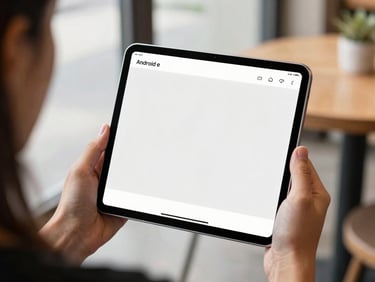 Over-the-shoulder shot of a hand holding an Android tablet displaying a minimalist e-reader app, soft natural light in a cafe setting.