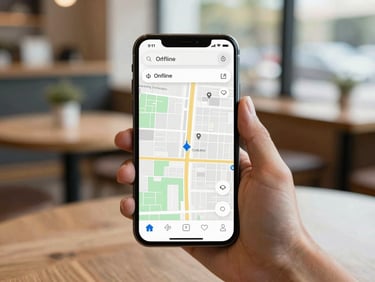 Over-the-shoulder shot of an Android device mockup displaying an offline map application, showing a detailed street view with no network connection icon, cafe background, soft natural daylight, 35mm.