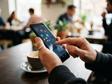 Close-up of hands interacting with a clean Android app interface on a smartphone, natural daylight, cafe setting, shallow depth of field, 35mm.