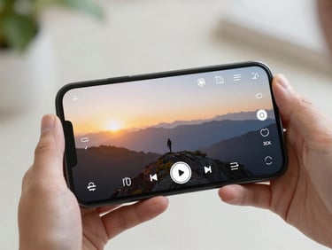 Android device mockup showing a video playing in a clean media player interface, vibrant colors, hands holding device, soft natural daylight, shallow depth of field, 35mm.