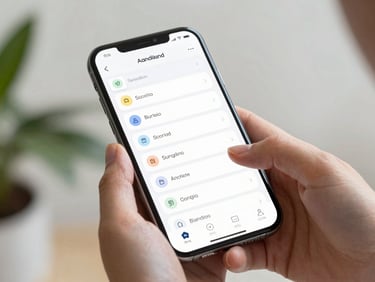 Hands interacting with an Android device mockup showing a system optimization app interface with a clean dashboard, soft natural daylight, shallow depth of field, 35mm.