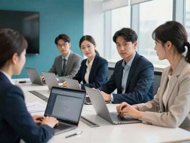 Dynamic over-the-shoulder perspective, bright natural daylight, corporate meeting room with professionals collaborating around a table with laptops, sharp focus, modern editorial photography