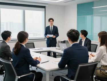 A professional corporate training room, modern design, clean lines, participants engaged in a collaborative workshop, soft natural daylight, deep navy and teal accents.