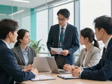 A group of professional business educators in a bright, modern corporate office, collaborating around a table, professional attire, natural daylight, teal accents.
