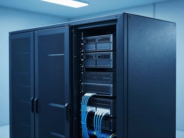 Clean server room with structured cabling and backup storage arrays under crisp blue studio lighting, professional tech photography