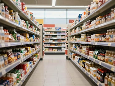 Clean documentary wide shot of a well-lit European supermarket aisle interior, camera at shelf height, organised rows of packaged goods extending to background, natural daylight from high windows, no people, neutral tone