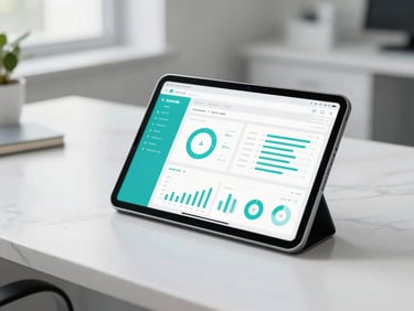 A close-up of a modern tablet displaying a clean financial dashboard with cyan metrics, resting on a pristine white marble desk in a bright, daylight-filled medical office.