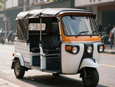 A modern auto-rickshaw with clean, custom-designed promotional banners parked on a bright street.