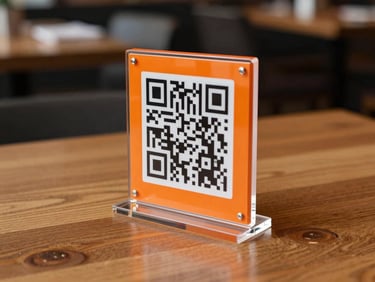 An elegant acrylic table stand with a vibrant orange QR code, placed on a clean wooden restaurant table.