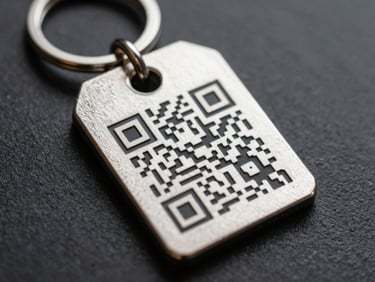 A heavy metallic keychain with an embedded high-contrast QR code, shown reflecting soft studio light.