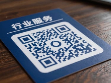A sleek, matte-finish promotional flyer featuring a sharp blue QR code linking to local business directions.