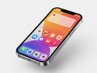 A high-fidelity 3D mockup of a sleek smartphone displaying a vibrant, custom-designed mobile profile page with interactive buttons, set against a clean studio background.