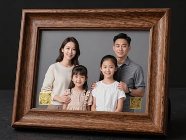 A premium wooden photo frame containing a stylish family portrait and a subtle, integrated golden QR code.