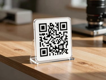 High-fidelity mockup of an acrylic QR table stand on a wooden counter, soft shadows, bright daylight.