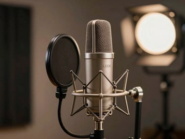 Sleek studio microphone setup with warm lighting, representing high-quality voice announcement recording.