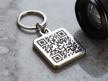 Premium metallic QR keychain resting on a marble surface, sharp studio reflections, high contrast.