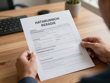 Close-up of hands holding a traffic infraction notice document on a wooden desk, natural office light, documentary style, warm tones, Brazilian traffic forms visible
