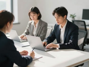 Focused professional collaborating at a clean white table in a sun-lit workspace, minimalist composition, shallow depth of field.