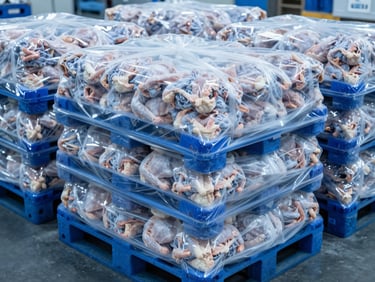 Pallets of commercially graded frozen chicken, sealed in industrial packaging, cool blue lighting, high-contrast.