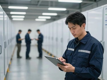 Logistics manager reviewing a delivery schedule on a tablet, with blurred cold storage operations in the background, cool lighting.