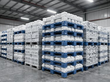 Rows of neatly stacked frozen food pallets in a modern, high-ceiling refrigerated warehouse, industrial perspective.