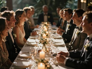 Candid shot of wedding guests laughing around a candlelit table, low-light reception candle glow, natural high-contrast shadows, warm cinematic wedding photography